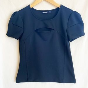 Black Puff Short Sleeve Front Cut Out Tank Top